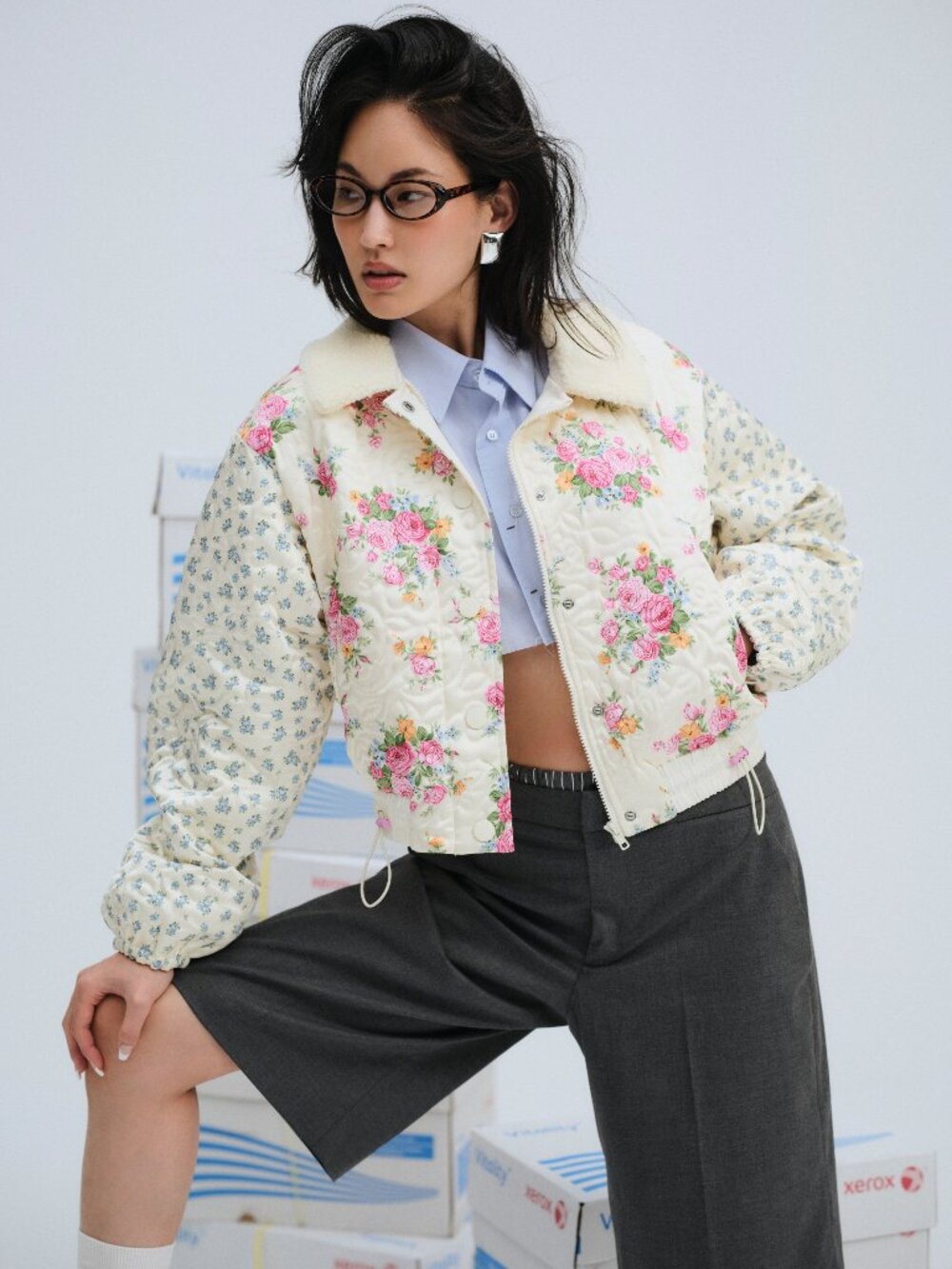 For Love & Lemons Marlee Cropped Puffer Full Zip Coat | Yellow Floral | XS | NWT
